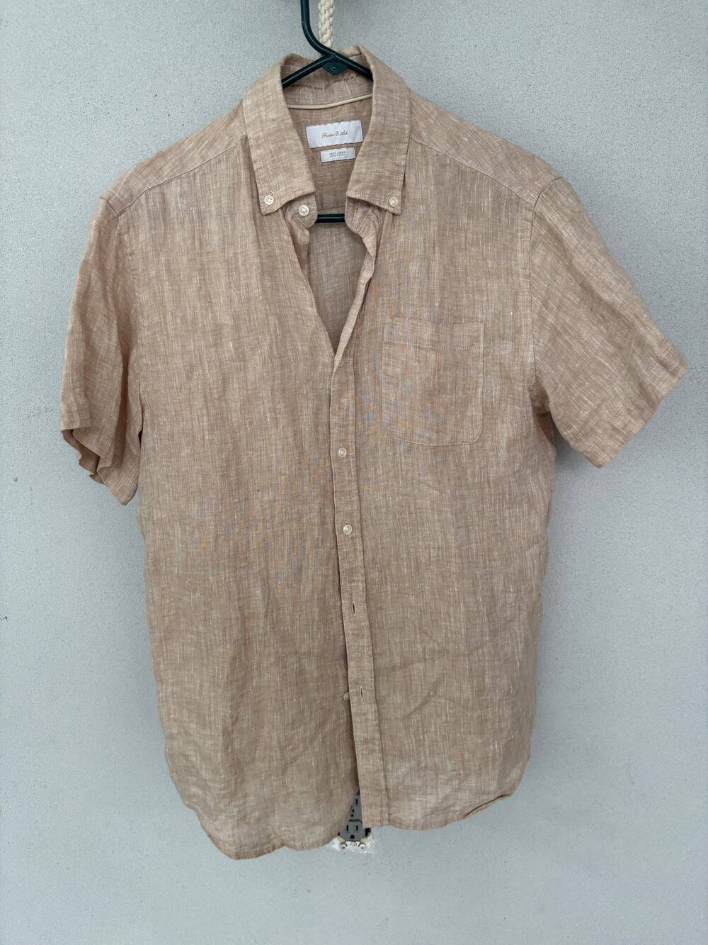 100% Linen Porter & Ash Tan Short Sleeve Button Up Size S